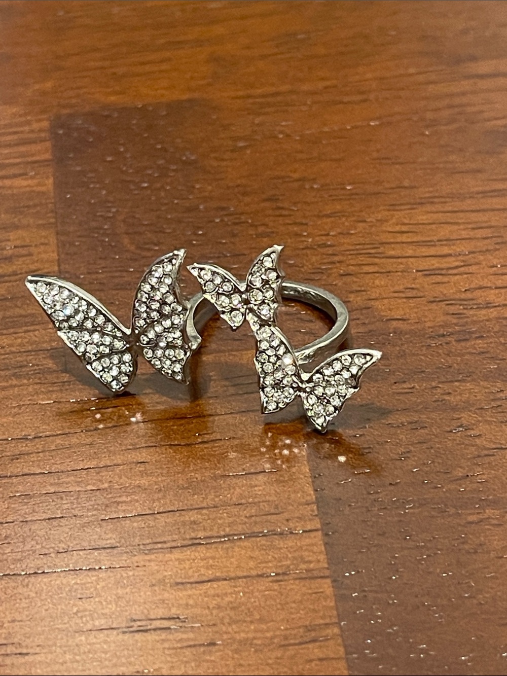 Crystal-Embellished Silver Tone Triple-butterfly Ring